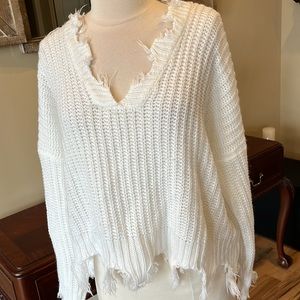 B Original White Sweater Shabby Chic Cotton Acrylic Boho Fringe Ragged Women S M